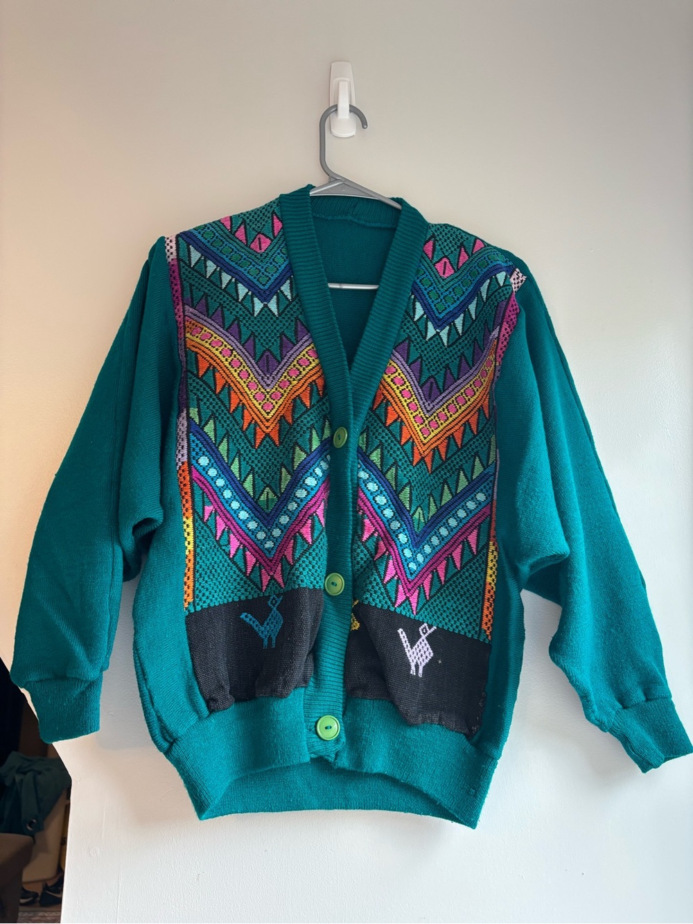 Vintage Handmade Guatemalan Cardigan Sweater Woven Cotton Wool Teal Folk Art